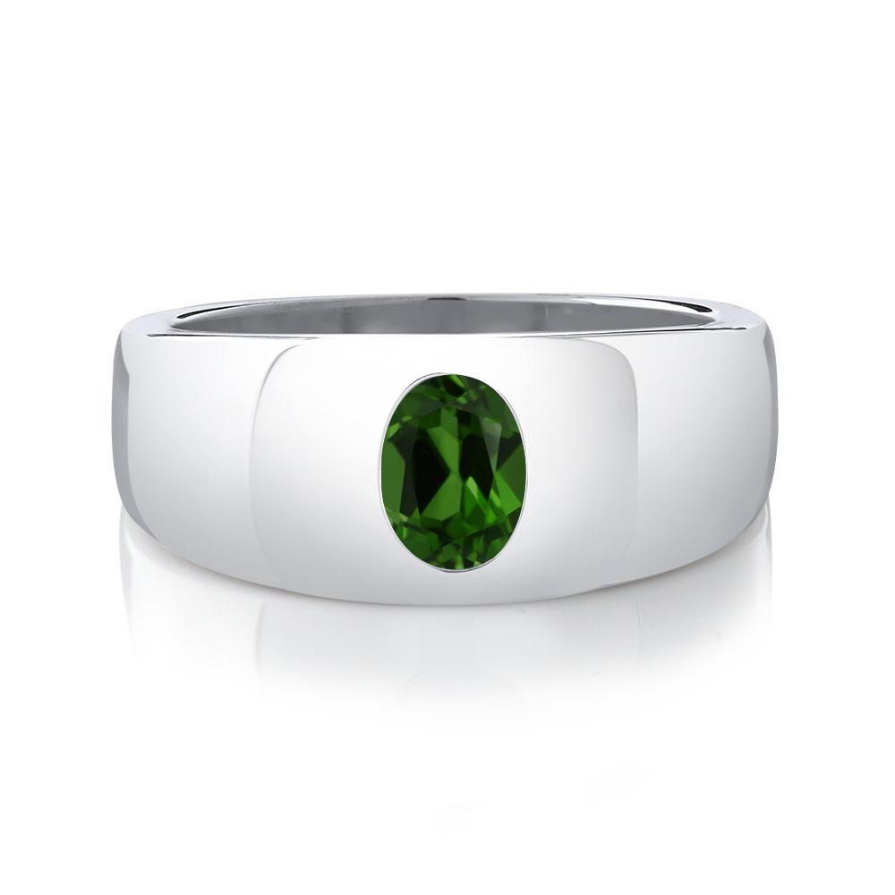 Gem Stone King Men's 925 Sterling Silver Green Chrome Diopside Ring | 1.20 Cttw | Oval 8X6MM | Gemstone | Available in Size 5,6,7,8,9