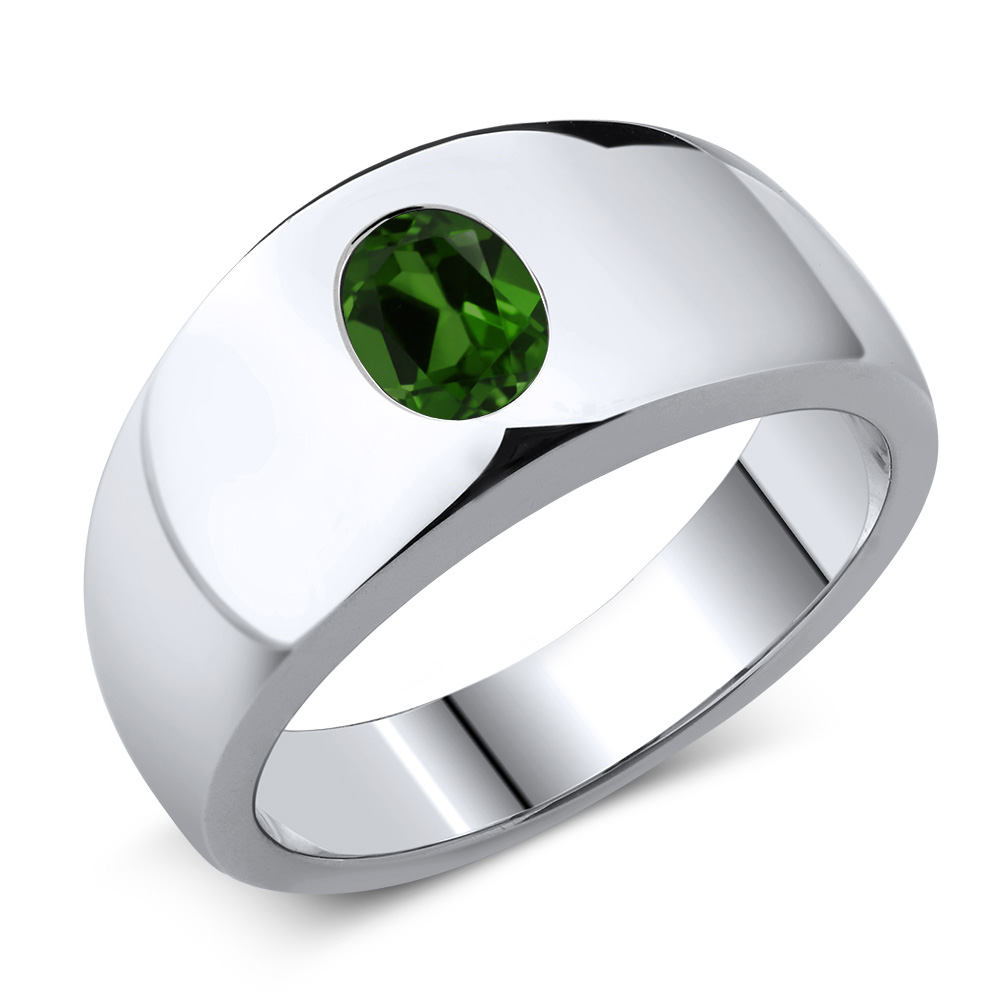 Gem Stone King Men's 925 Sterling Silver Green Chrome Diopside Ring | 1.20 Cttw | Oval 8X6MM | Gemstone | Available in Size 5,6,7,8,9
