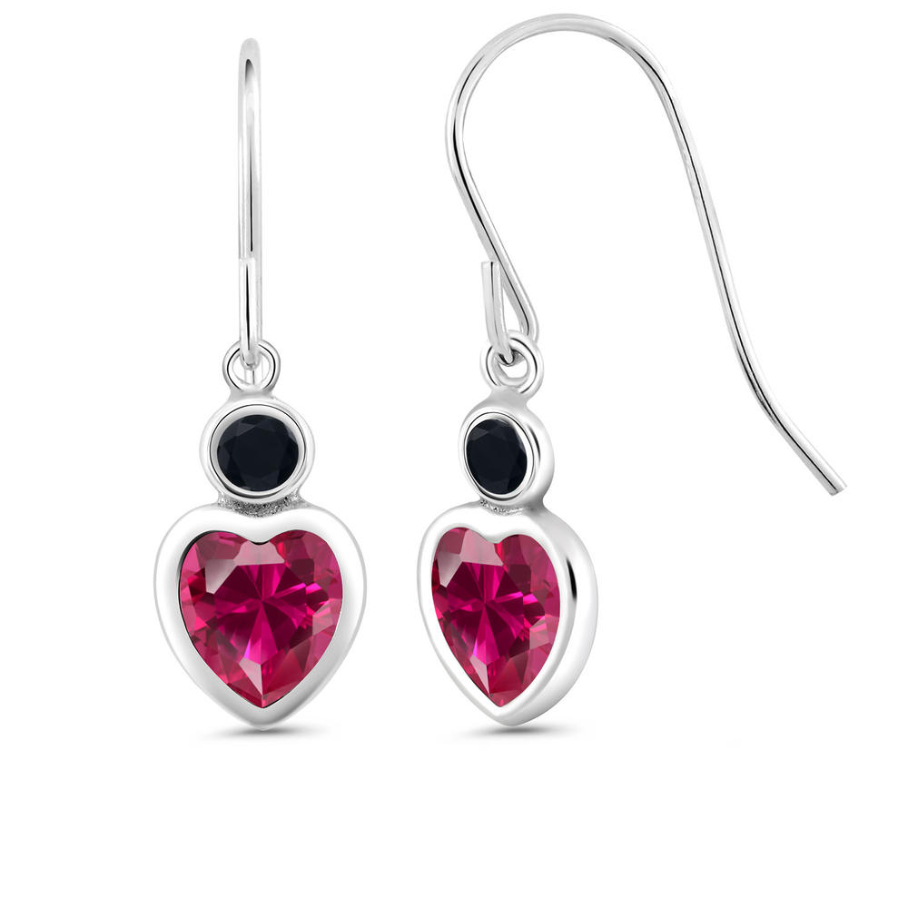 Gem Stone King 2.12 Ct Heart Shape Red Created Ruby Black Onyx 925 Sterling Silver Earrings