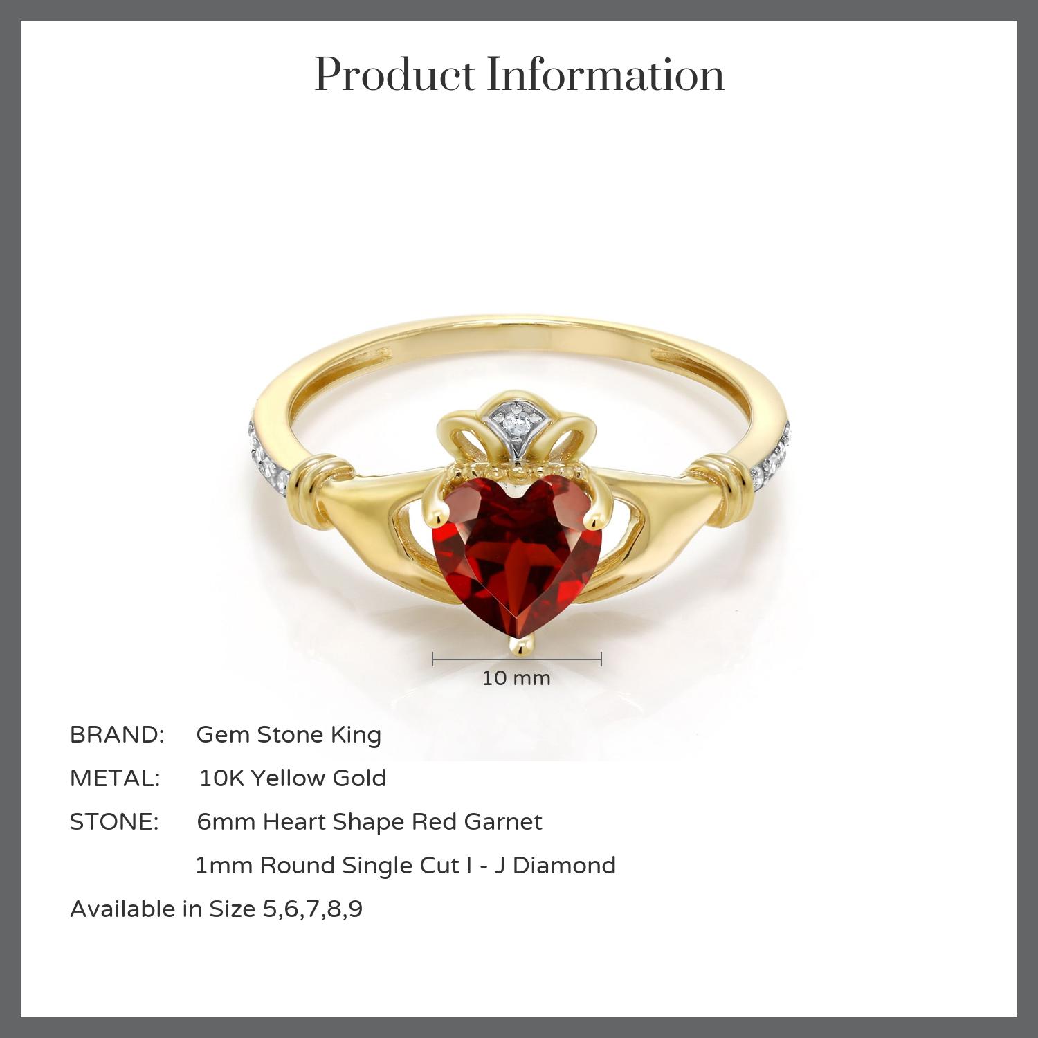 Gem Stone King 0.96 Ct Heart Shape Red Garnet Diamond Accent 10K Yellow Gold Irish Celtic Claddagh Ring