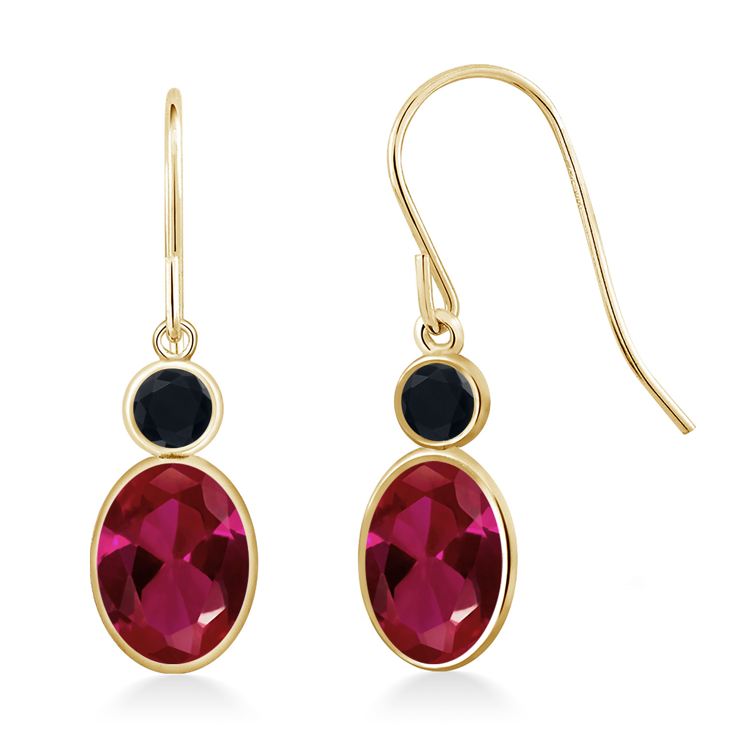 Gem Stone King 1.90 Ct Oval Red Created Ruby Black Onyx 14K Yellow Gold Earrings
