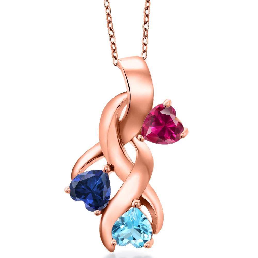 Gem Stone King 1.65 Ct Red Created Ruby Blue Created Sapphire 18K Rose Gold Plated Silver Pendant with Chain