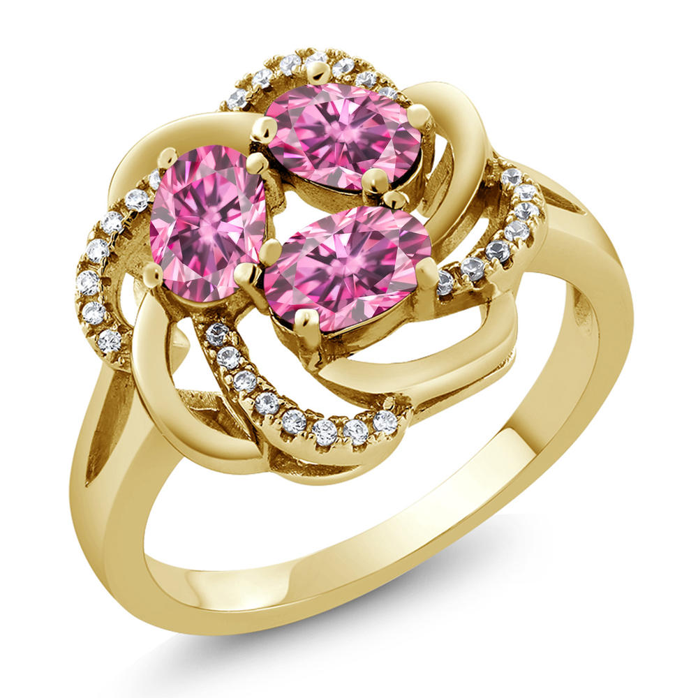 Gem Stone King 18K Yellow Gold Plated Silver Ring Oval Pink Moissanite (1.75 Cttw)