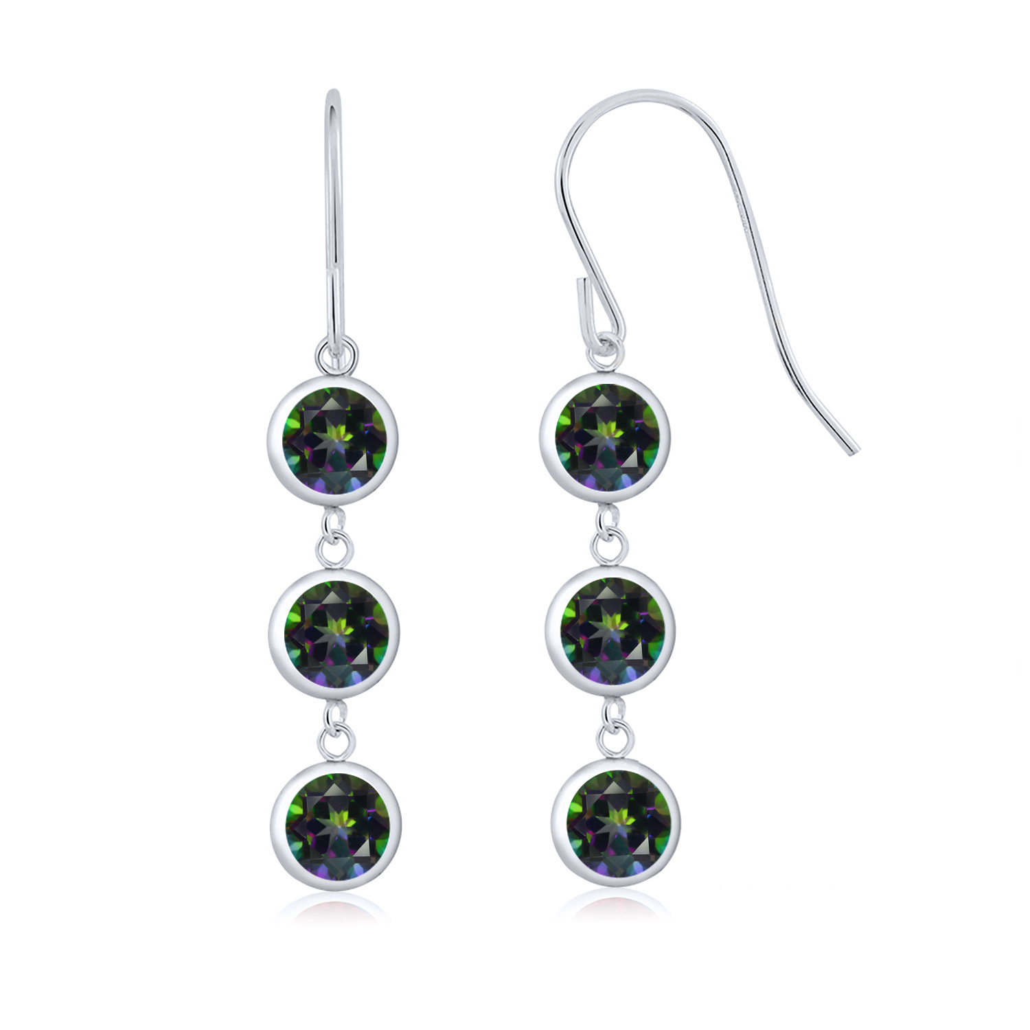 Gem Stone King 925 Sterling Silver Green Mystic Topaz 3 Stone French Wire Dangle Earrings For Women (3.30 Cttw, Gemstone Birthstone, Round 5MM)