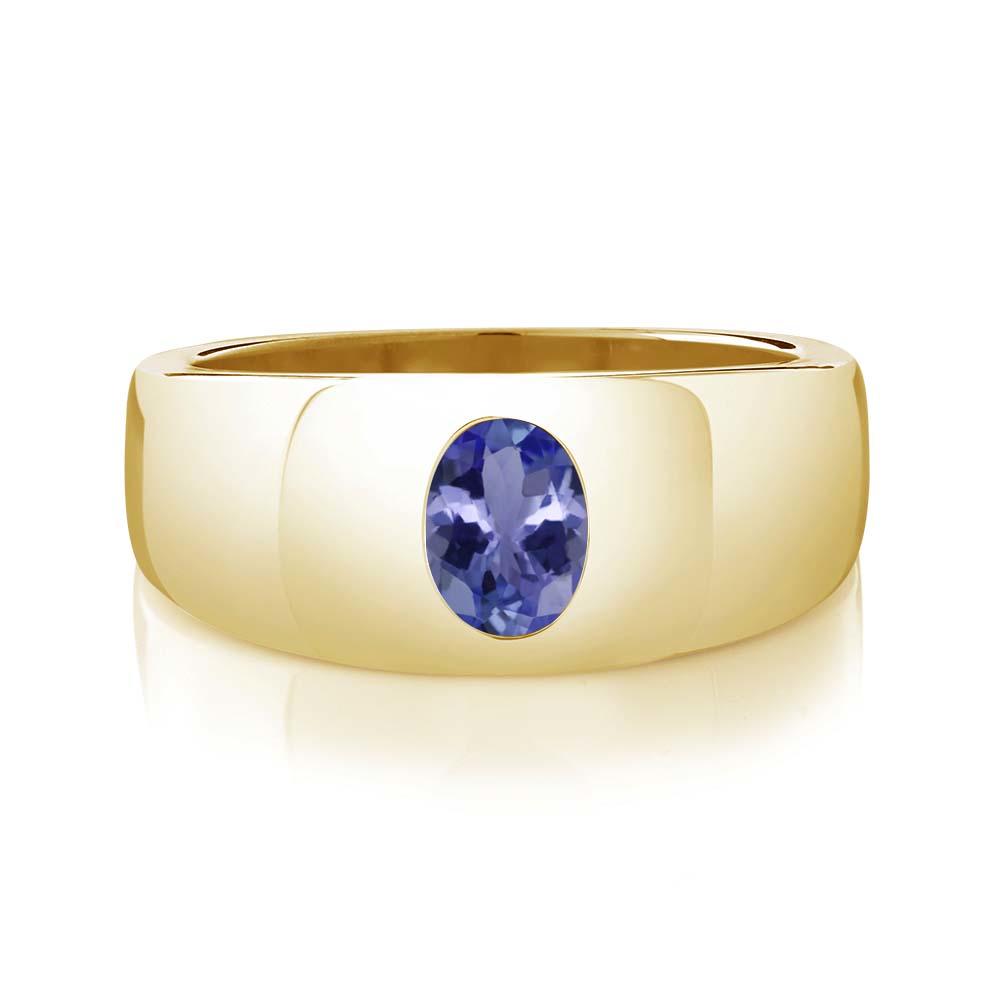 Gem Stone King 1.16 Ct Oval Blue Tanzanite 18K Yellow Gold Plated Silver Men's Ring