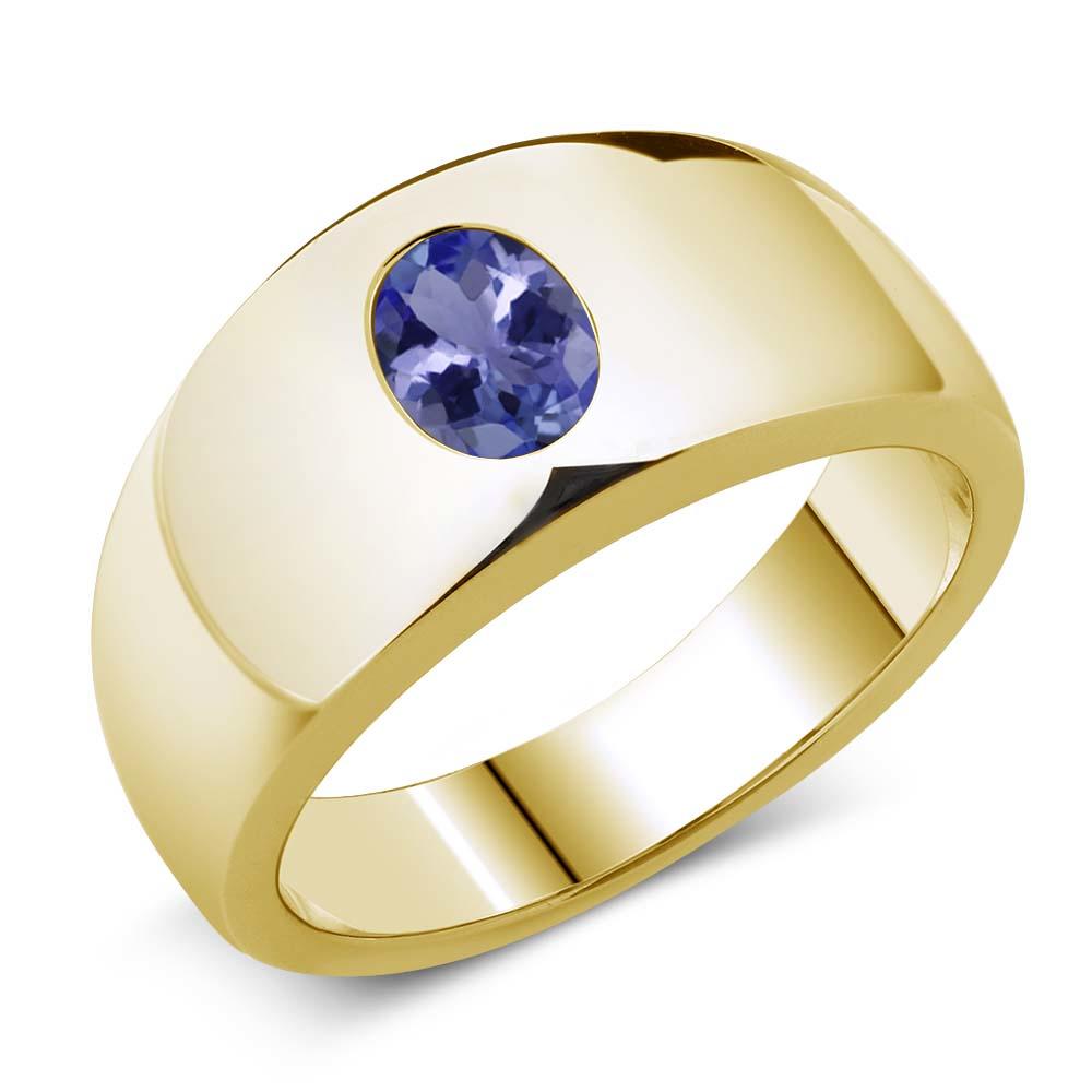 Gem Stone King 1.16 Ct Oval Blue Tanzanite 18K Yellow Gold Plated Silver Men's Ring