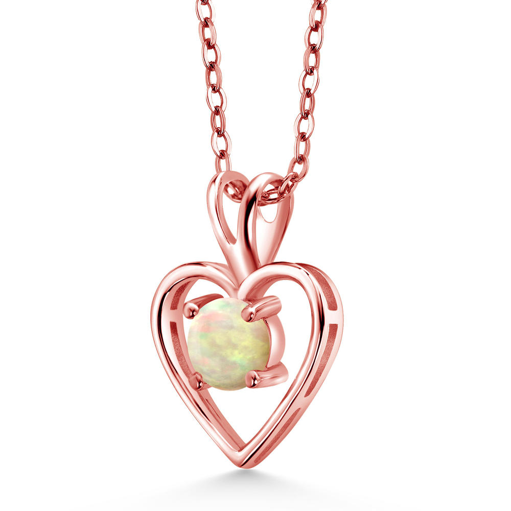 Gem Stone King 0.30 Ct Round Cabochon White Ethiopian Opal 18K Rose Gold Plated Silver Heart Shape Pendant Necklace for Women