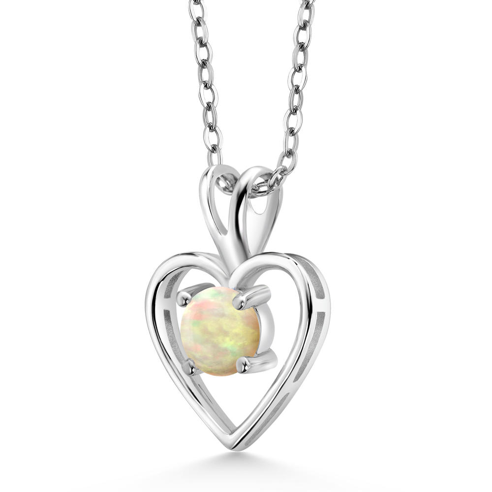 Gem Stone King 0.30 Ct Round Cabochon White Ethiopian Opal 925 Sterling Silver Heart Shape Pendant Necklace for Women