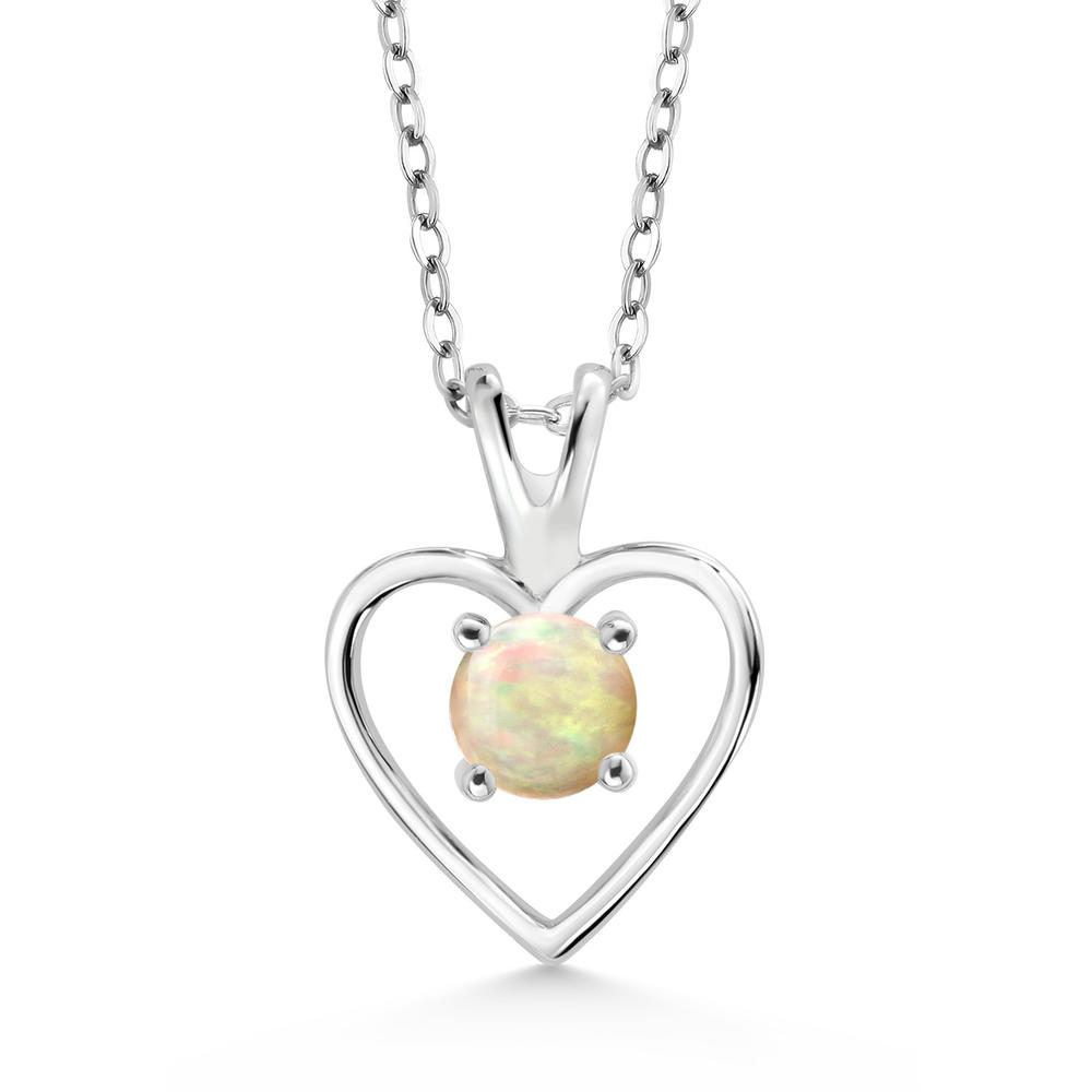 Gem Stone King 0.30 Ct Round Cabochon White Ethiopian Opal 925 Sterling Silver Heart Shape Pendant Necklace for Women