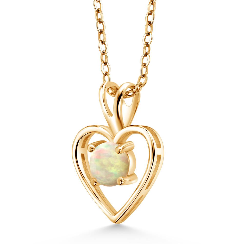 Gem Stone King 0.30 Ct Round Cabochon White Ethiopian Opal 18K Yellow Gold Plated Silver Heart Shape Pendant Necklace for Women