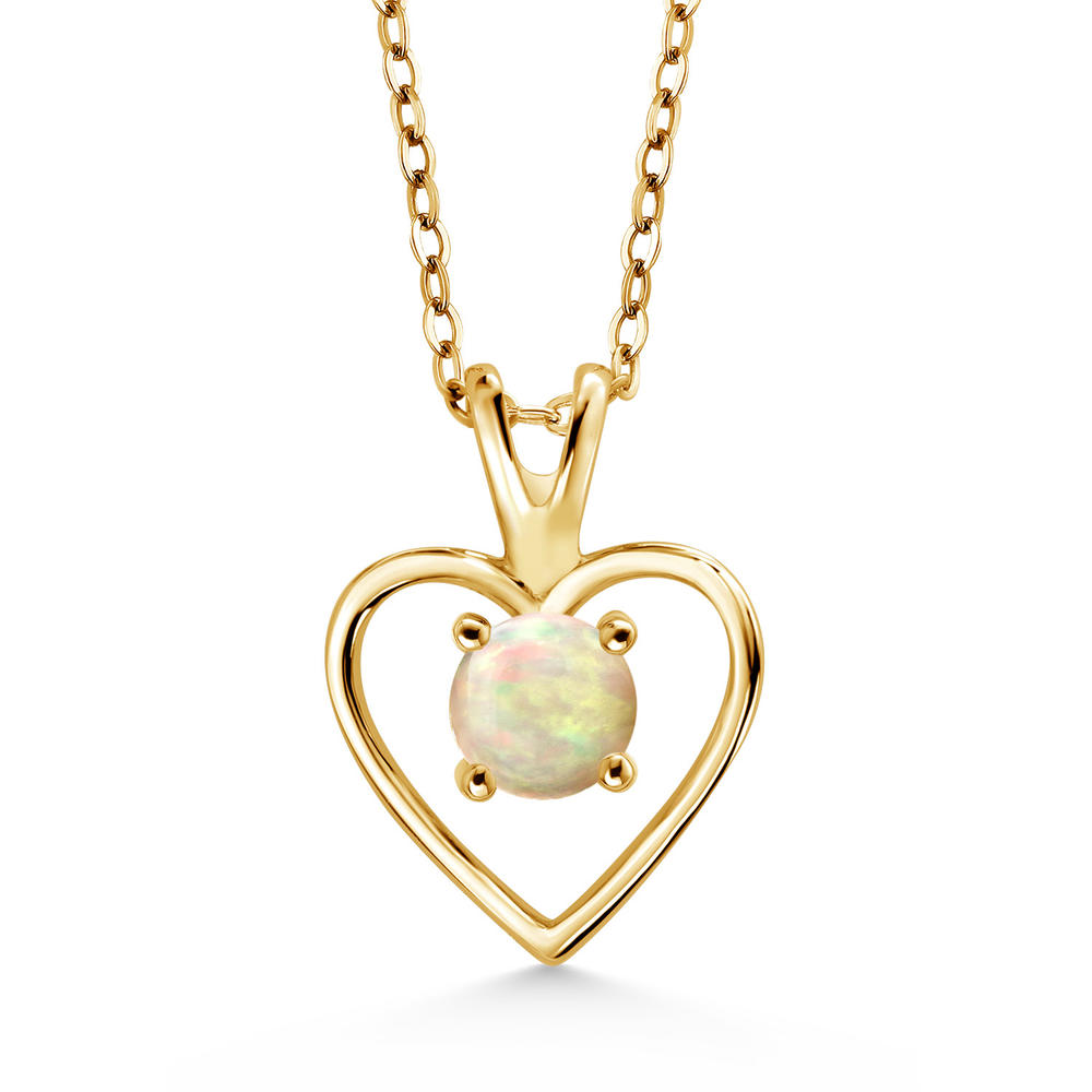 Gem Stone King 0.30 Ct Round Cabochon White Ethiopian Opal 18K Yellow Gold Plated Silver Heart Shape Pendant Necklace for Women
