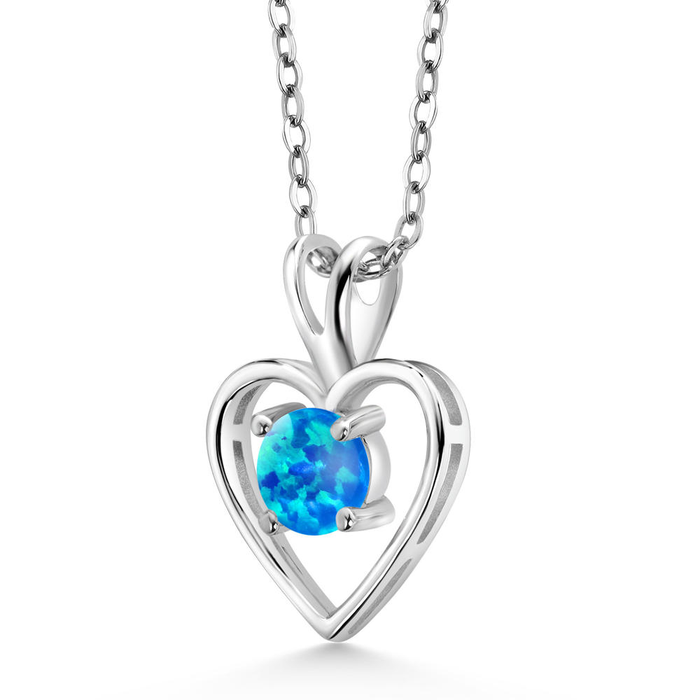 Gem Stone King 0.50 Ct Round Cabochon Blue Simulated Opal 925 Sterling Silver Heart Shape Pendant Necklace for Women