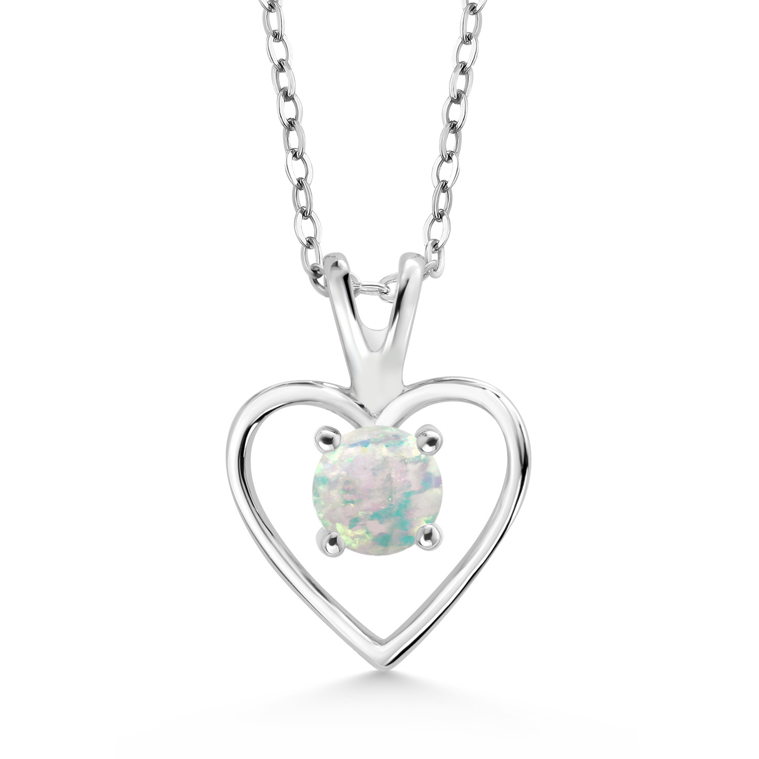 Gem Stone King 0.50 Ct Round Cabochon White Simulated Opal 925 Sterling Silver Heart Shape Pendant Necklace for Women