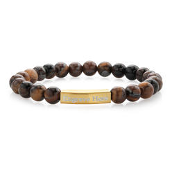 Gem Stone King Men's 14K Yellow Gold Plated Stainless Steel Stretchy Tiger Eye Personalized Customized Name Bar ID Engraved Bracelet 8MM Width