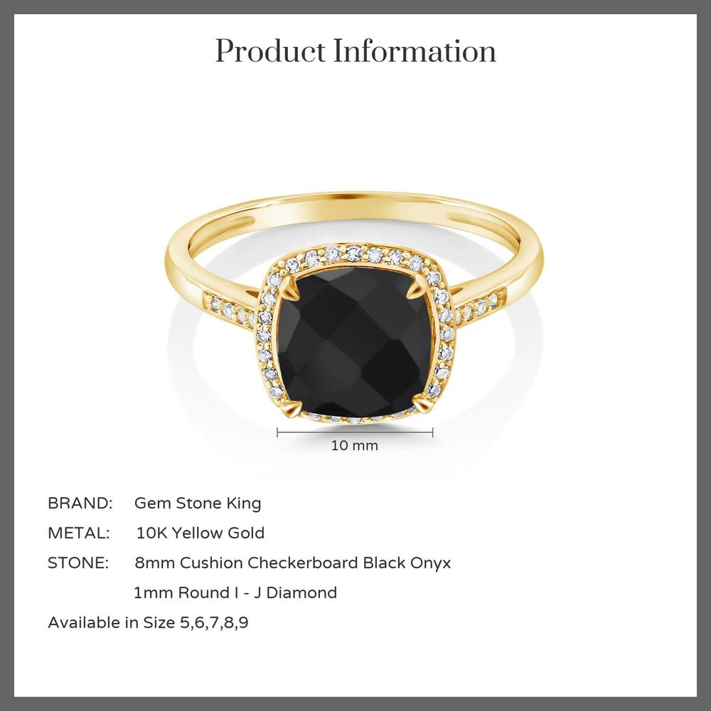 Gem Stone King 2.11 Ct Cushion Checkerboard Black Onyx 10K Yellow Gold Ring