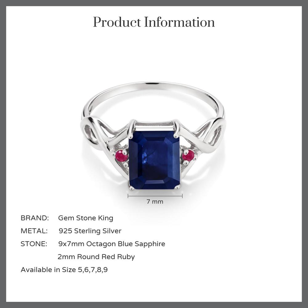 Gem Stone King 2.48 Ct Octagon Blue Sapphire Red Ruby 925 Sterling Silver Ring