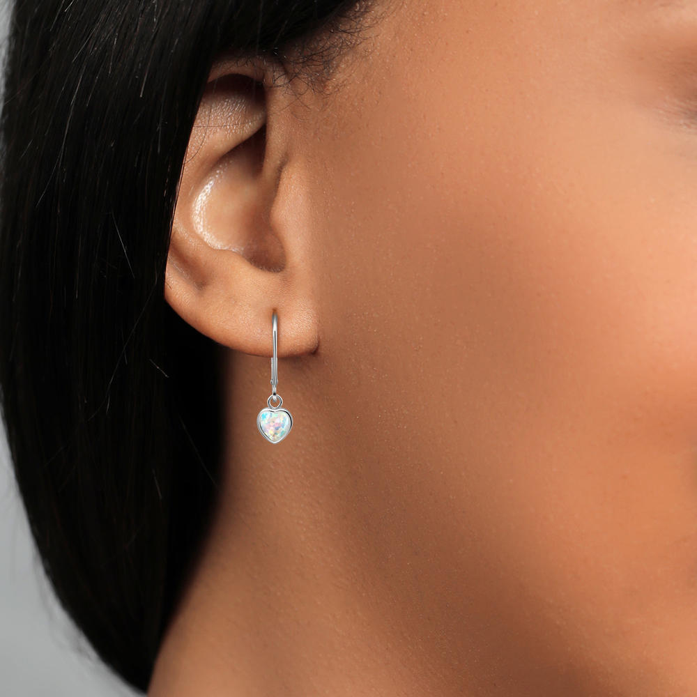 Gem Stone King 925 Sterling Silver Simulated White Opal Dangle Earrings For Women (1.50 Cttw, Gemstone October Birthstone, Heart Shape 6MM)