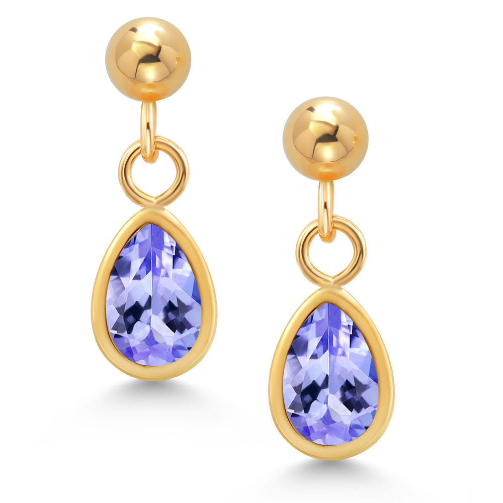 Gem Stone King 0.89 Ct Pear Shape Blue Tanzanite 14K Yellow Gold Earrings