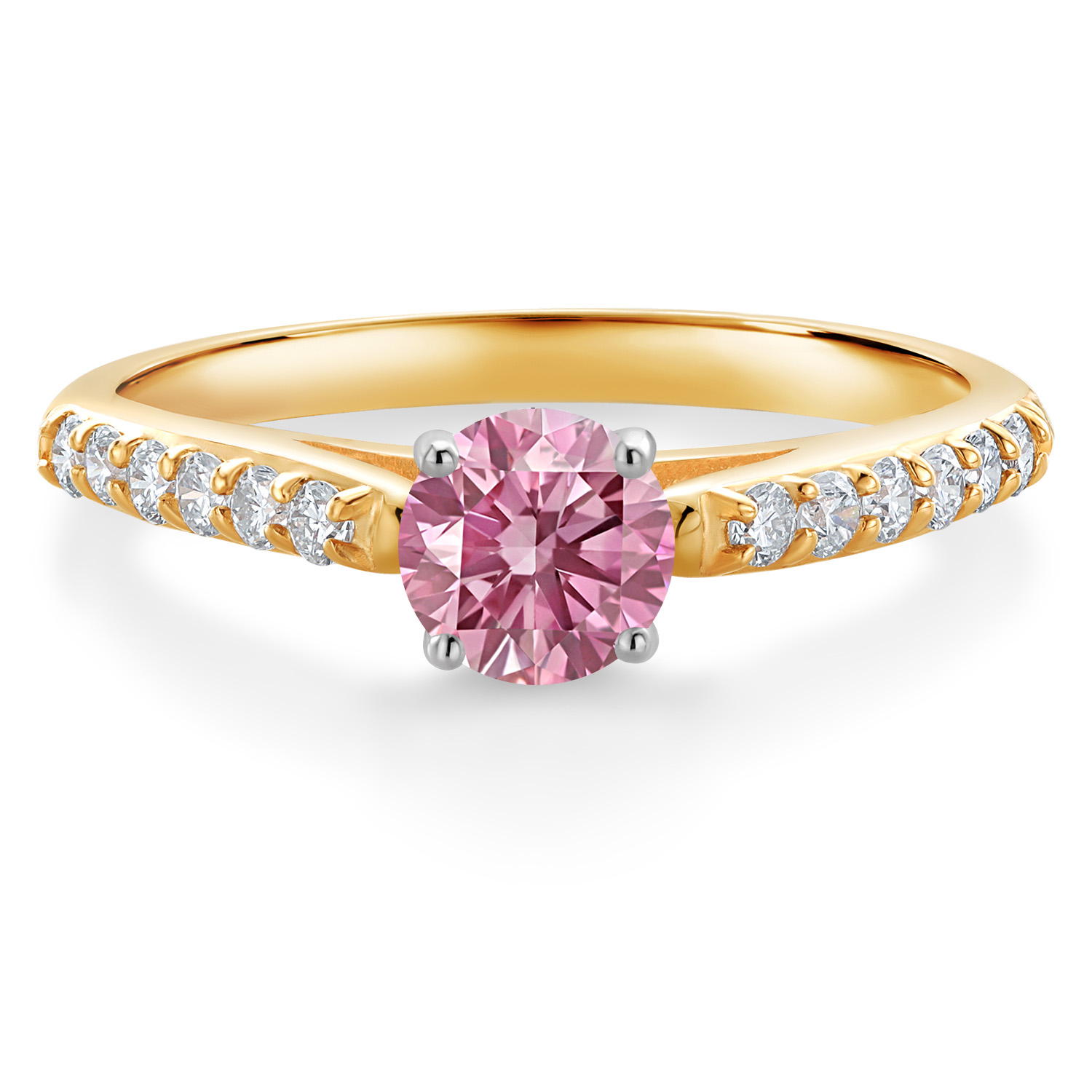 Gem Stone King 0.68 Ct Pink Lab Grown Diamond G/H Lab Grown Diamond 10K Yellow Gold Engagement Ring with White Gold Prongs