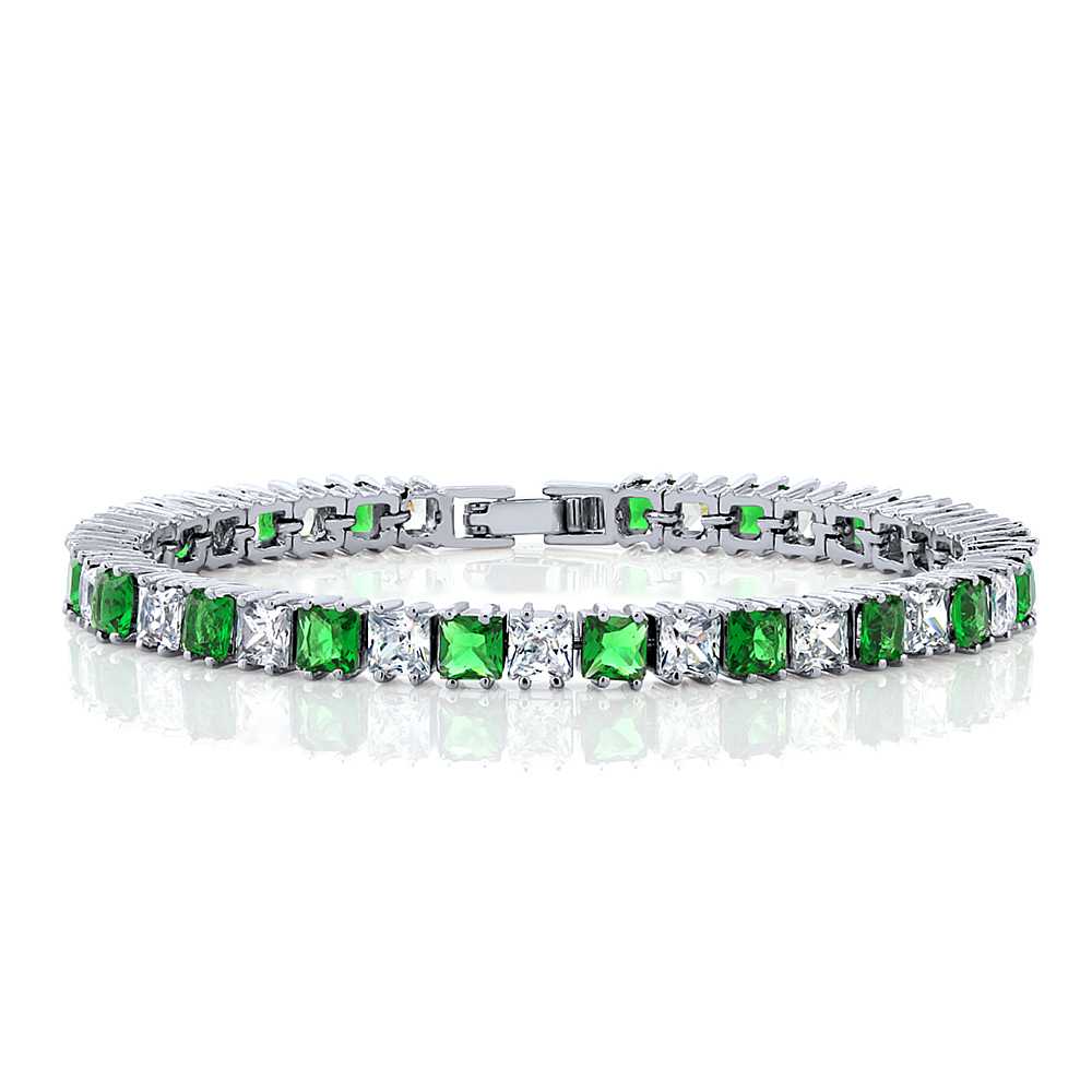 Gem Stone King 15.00 Cttw Sparkling Princess Cut Green and White Cubic Zirconia Tennis Bracelet For Women 7 Inch