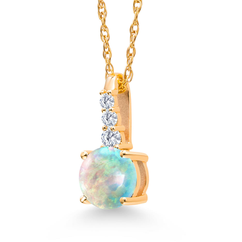 Gem Stone King 0.55 Ct Round Cabochon White Simulated Opal G/H Lab Grown Diamond 10K Yellow Gold Pendant with Chain