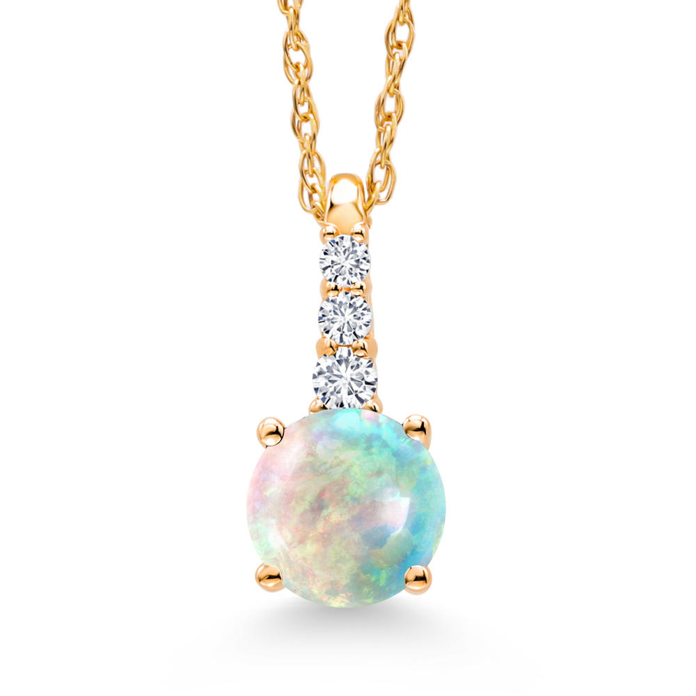 Gem Stone King 0.55 Ct Round Cabochon White Simulated Opal G/H Lab Grown Diamond 10K Yellow Gold Pendant with Chain