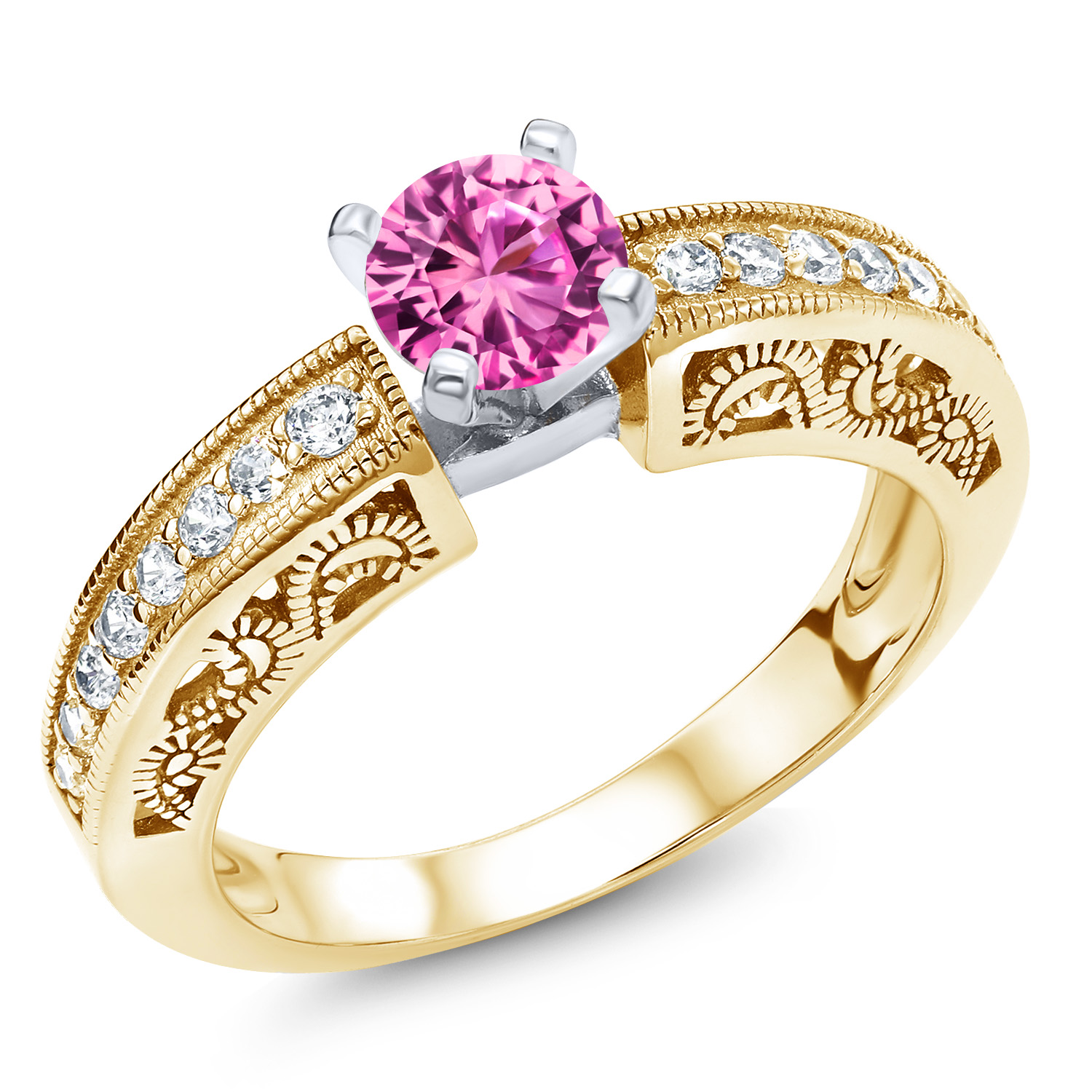 Gem Stone King 1.59 Ct Round Pink Created Sapphire 18K Two-Tone Sterling Silver Ring