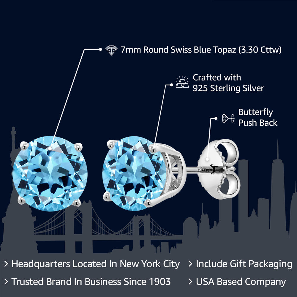 Gem Stone King 925 Sterling Silver Swiss Blue Topaz Earrings | 3.30 Cttw | 7MM Round Gemstone Birthstone Stud Earrings for Women