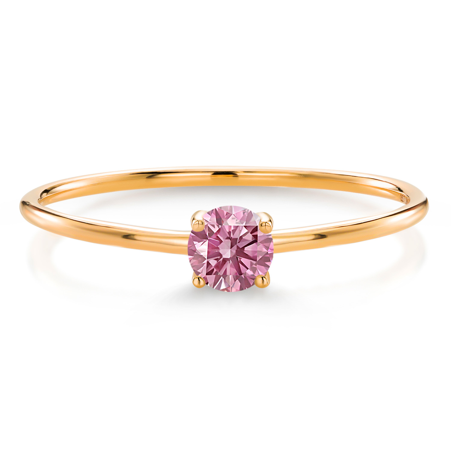 Gem Stone King 0.18 Ct Round Pink Lab Grown Diamond 10K Yellow Gold Ring