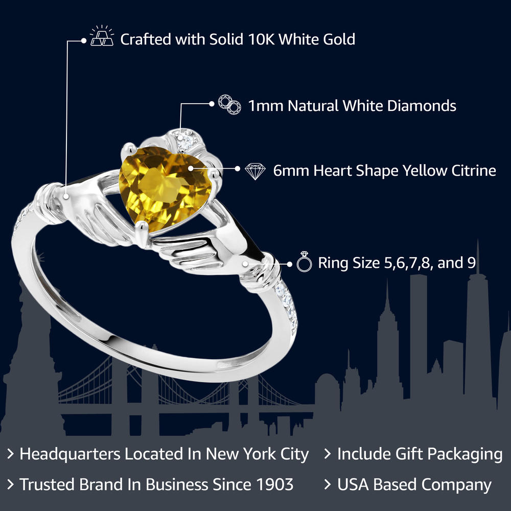 Gem Stone King 0.71 Ct Heart Shape Yellow Citrine White Diamond 10K White Gold Irish Celtic Claddagh Ring