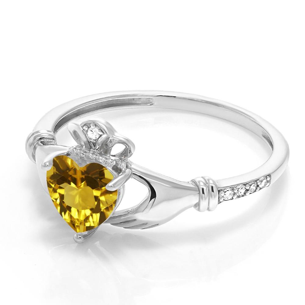 Gem Stone King 0.71 Ct Heart Shape Yellow Citrine White Diamond 10K White Gold Irish Celtic Claddagh Ring