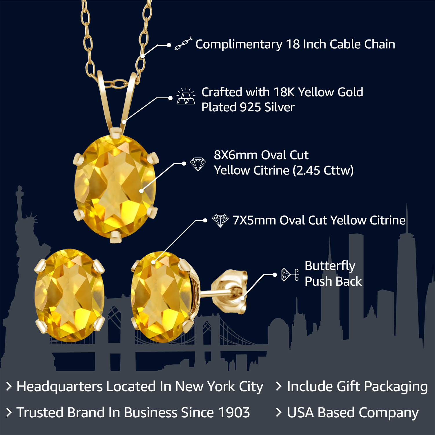 Gem Stone King 2.45 Ct Oval Citrine Gemstone Birthstone Gold Plated Silver Pendant and Earrings Jewelry Set For Women with 18 Inch Chain