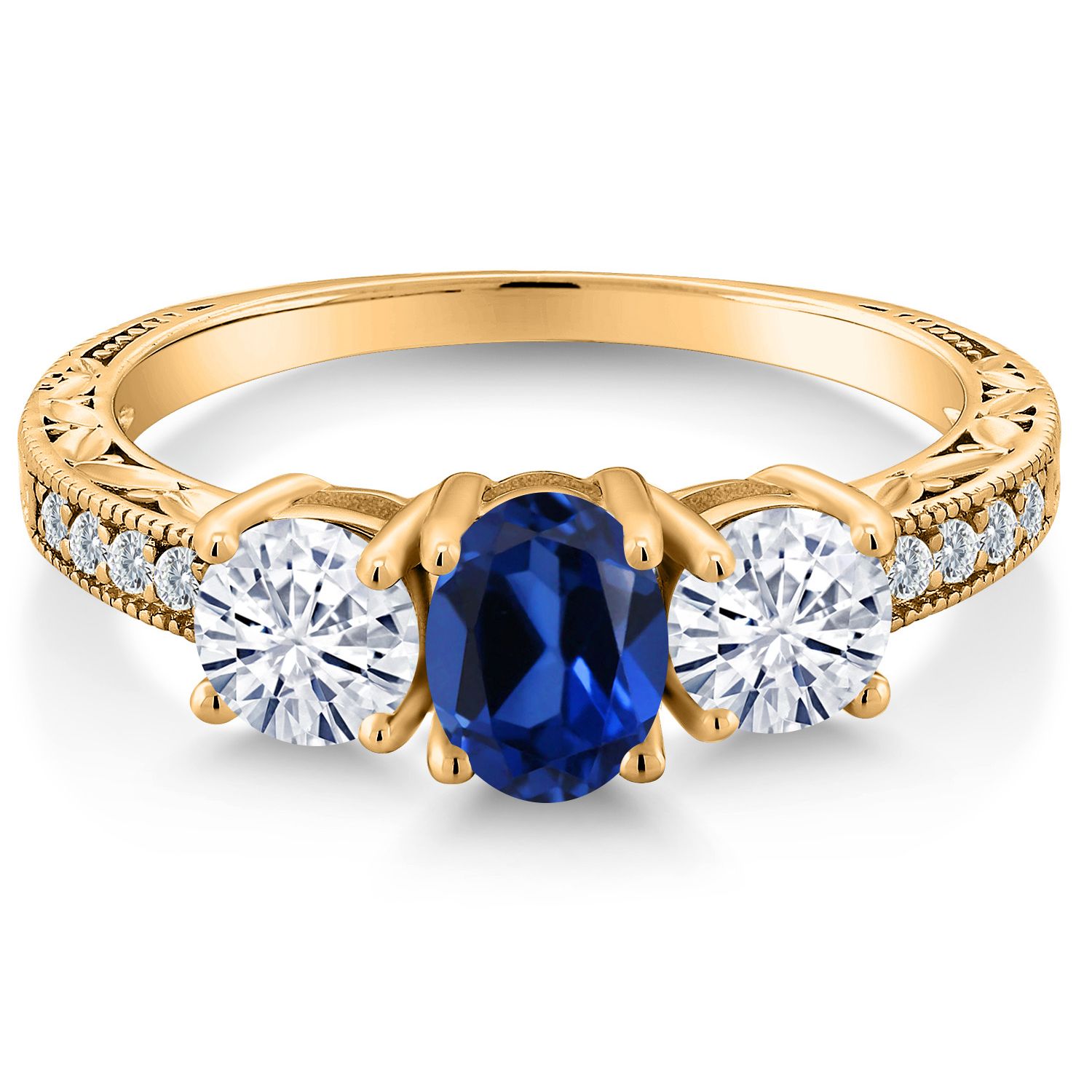 Gem Stone King 18K Yellow Gold Plated Silver 3-Stone Ring Created Sapphire Moissanite (2.12 Cttw)