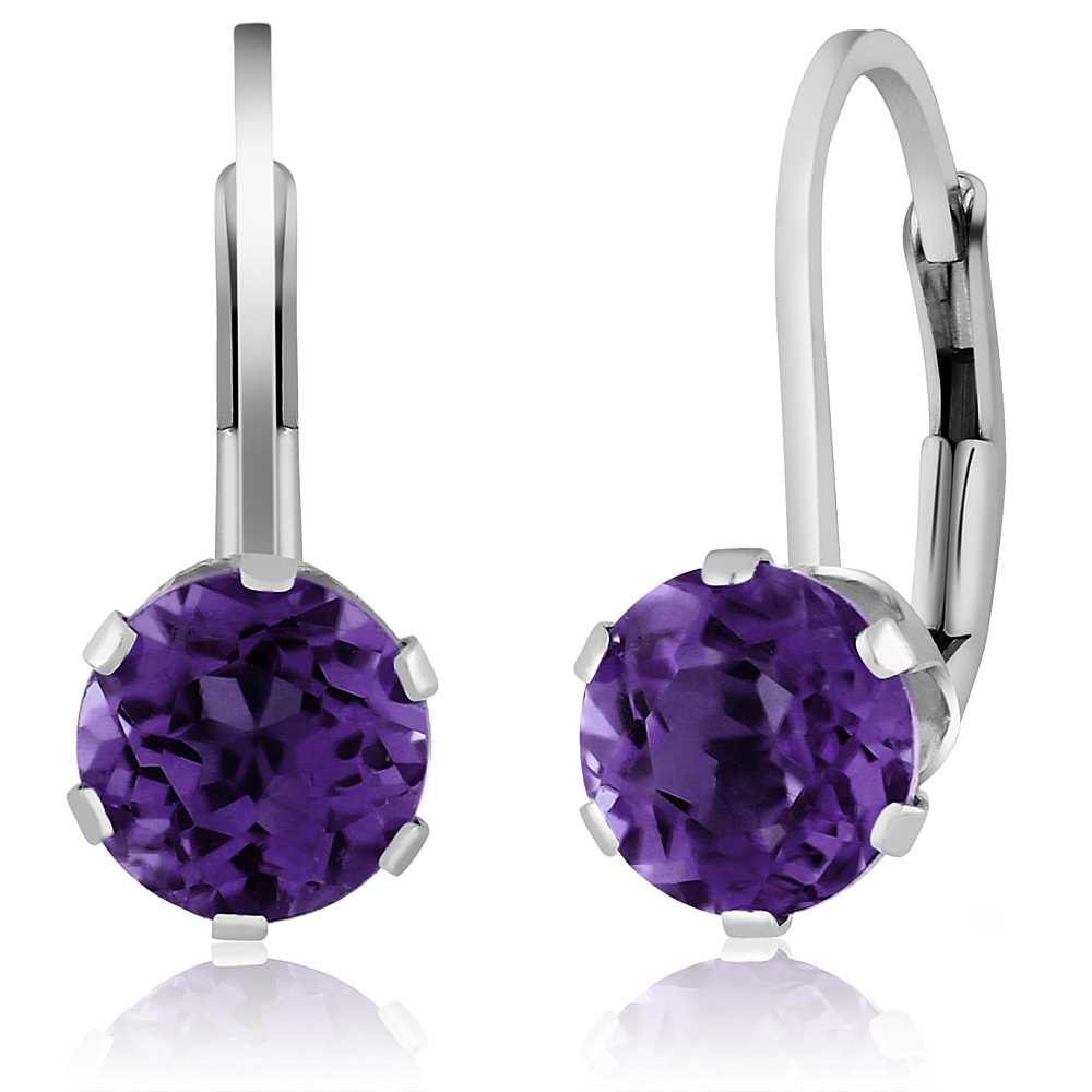 Gem Stone King 925 Sterling Silver Purple Amethyst Leverback Earrings For Women (1.40 Cttw, Gemstone Birthstone, Round Cut 6MM)
