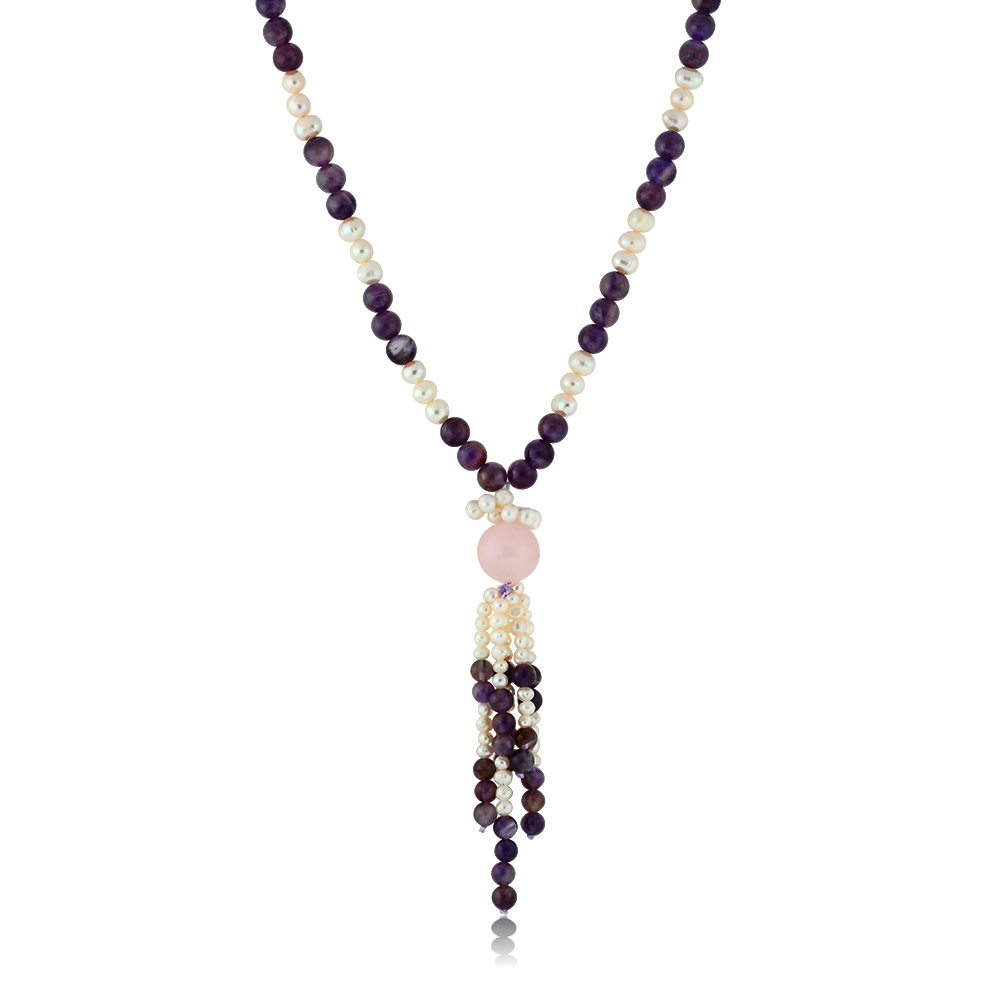 Gem Stone King 24 Inches Handmade Cultured Freshwater Pearls Simulated Rose Quartz Amethyst Necklace