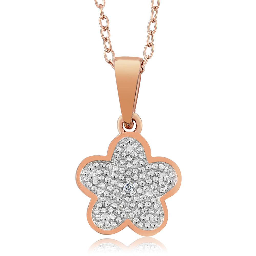Gem Stone King Diamond 14K Rose Gold and Rhodium Plated 925 Silver Flower Pendant on 18 Inches Chain