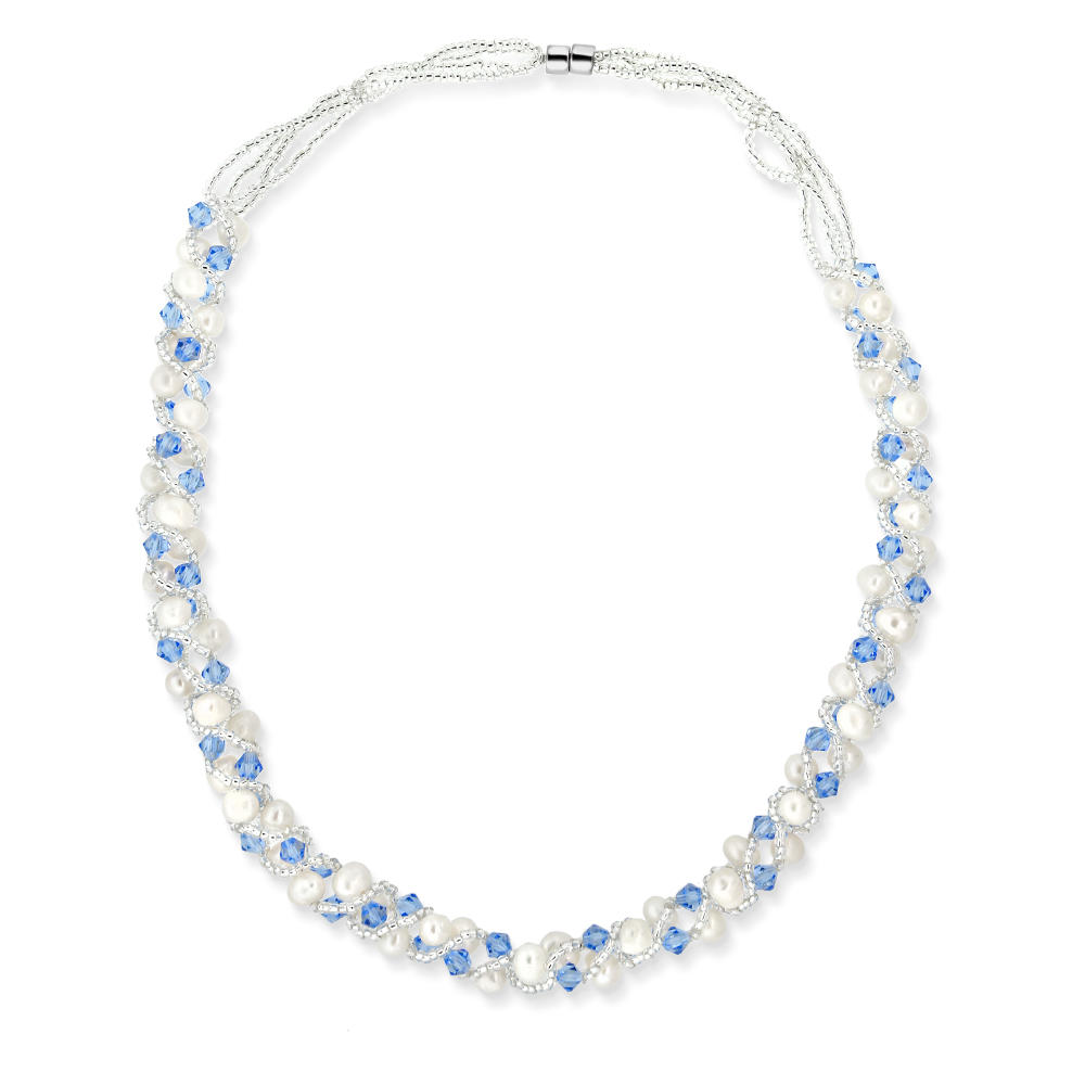 Gem Stone King 17" White Cultured Freshwater Pearl and Blue Crystal Mash Necklace + Bracket Jewelry Set 6 .5"