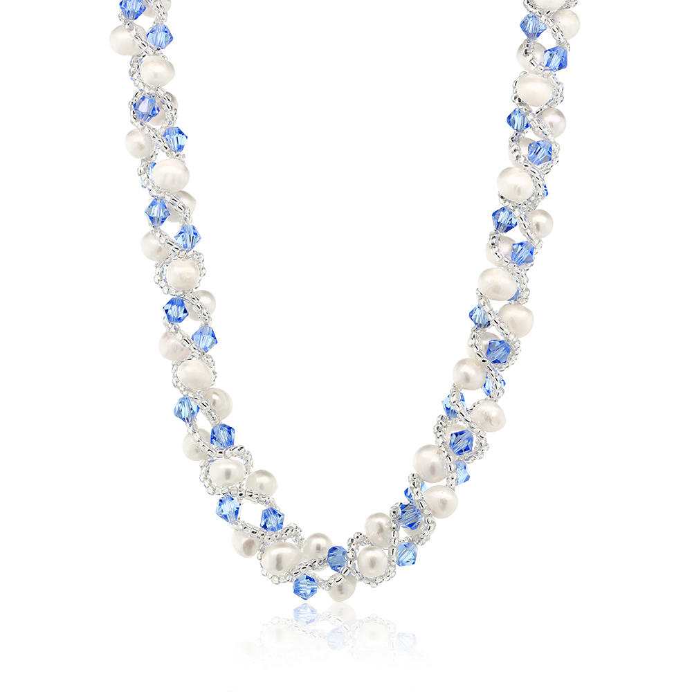 Gem Stone King 17" White Cultured Freshwater Pearl and Blue Crystal Mash Necklace + Bracket Jewelry Set 6 .5"