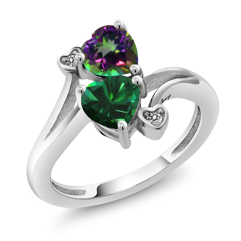 Gem Stone King 1.66 Ct Heart Shape Green Mystic Topaz Green Simulated Emerald 925 Silver Ring