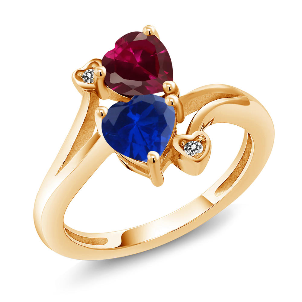 Gem Stone King 1.80 Ct Red Created Ruby Blue Simulated Sapphire 18K Yellow Gold Plated Silver Ring