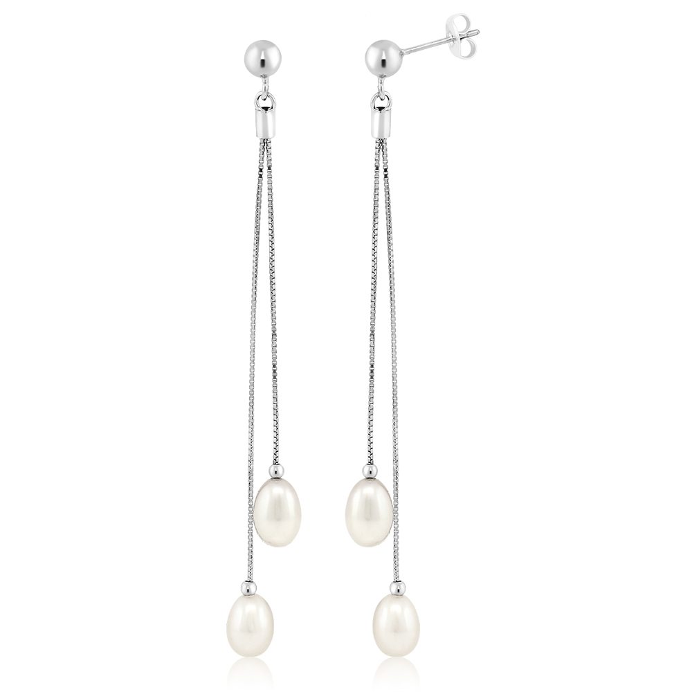 Gem Stone King 925 Sterling Silver Cultured Freshwater Pearl Drop Dangle Long Earrings For Women (Pearl Size: 7-7.5MM, Length: 3 Inch)