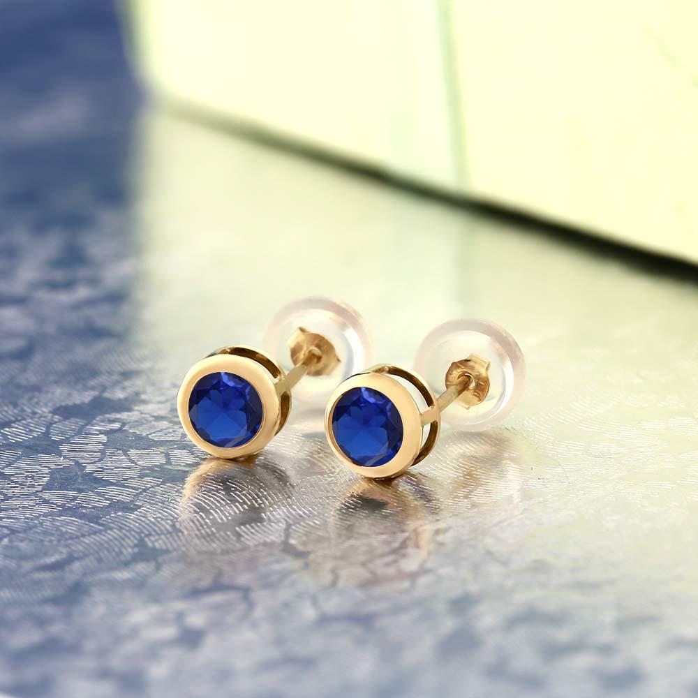 Gem Stone King 14K Yellow Gold Blue Created Sapphire Stud Earrings For Women | 0.50 Cttw | Gemstone September Birthstone | Round 4MM