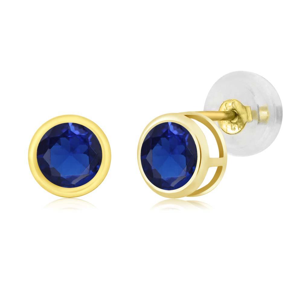 Gem Stone King 14K Yellow Gold Blue Created Sapphire Stud Earrings For Women | 0.50 Cttw | Gemstone September Birthstone | Round 4MM