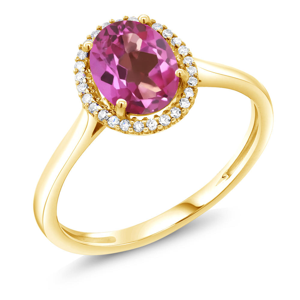 Gem Stone King 1.30 Ct Oval Pink Mystic Topaz 10K Yellow Gold Diamond Ring