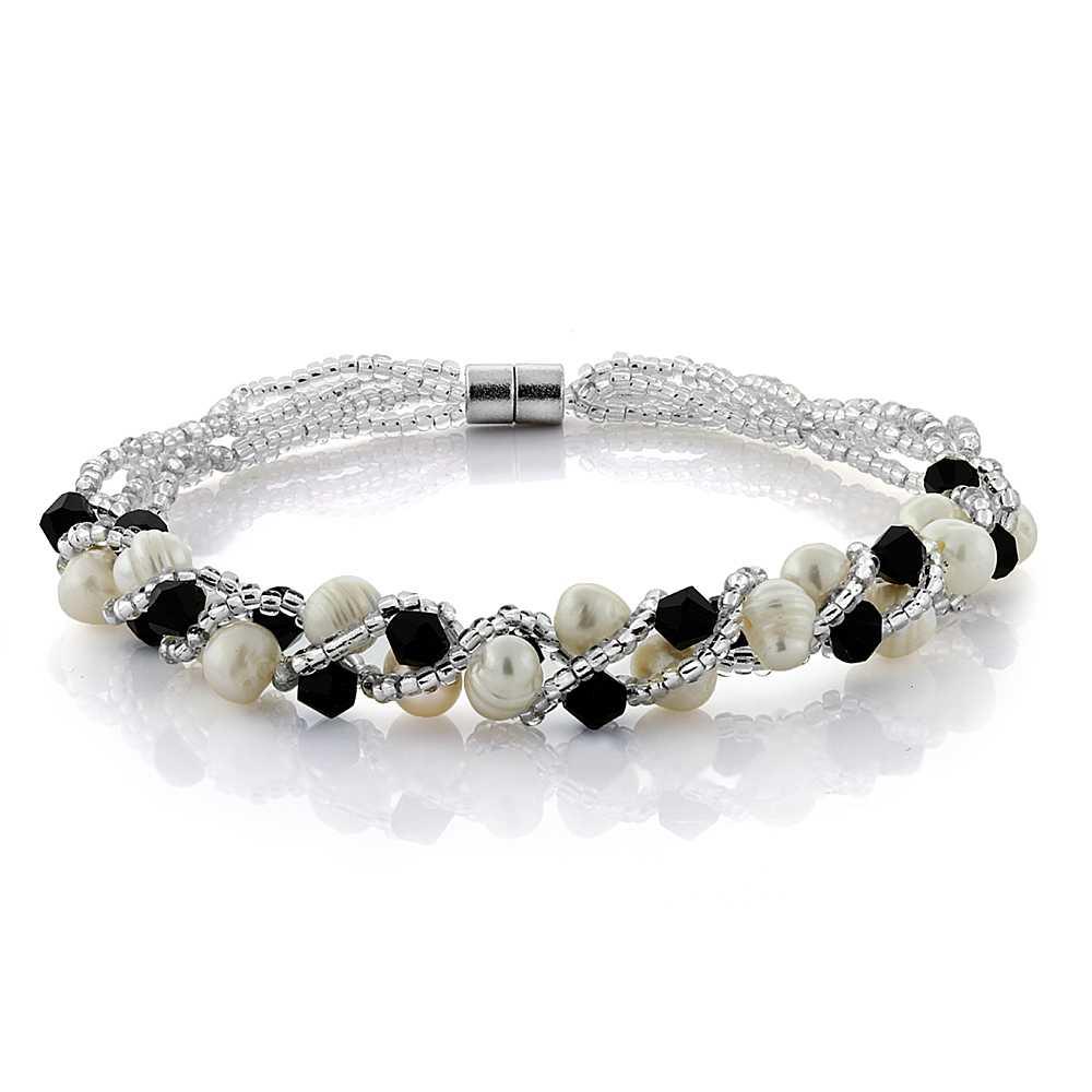 Gem Stone King 17 Inches White Cultured Freshwater Pearl and Black Crystal Necklace + Bracelet Set 7 Inches