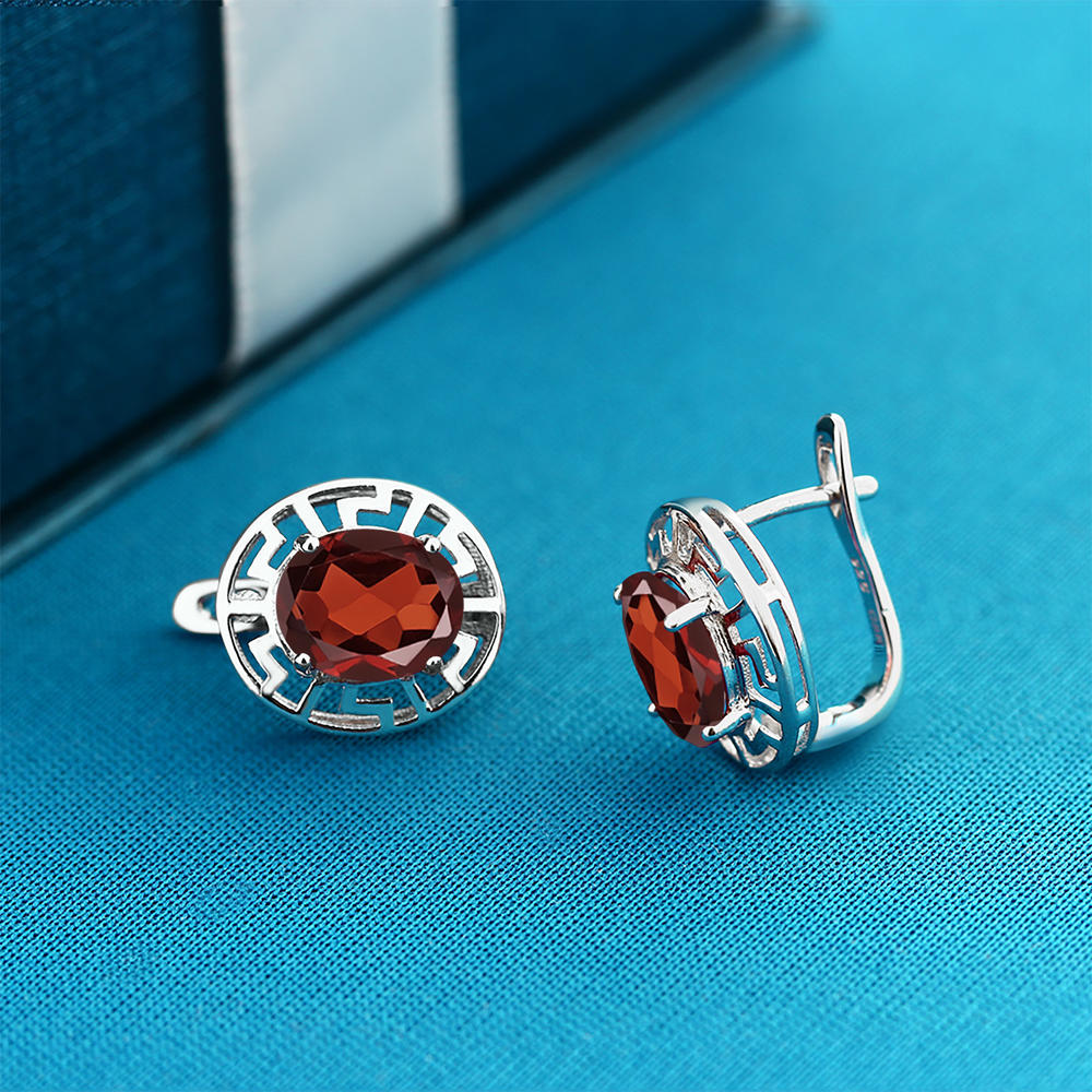 Gem Stone King 925 Sterling Silver Red Garnet Greek Key Earrings For Women (5.00 Cttw, Gemstone January Birthstone, Oval 10X8MM)
