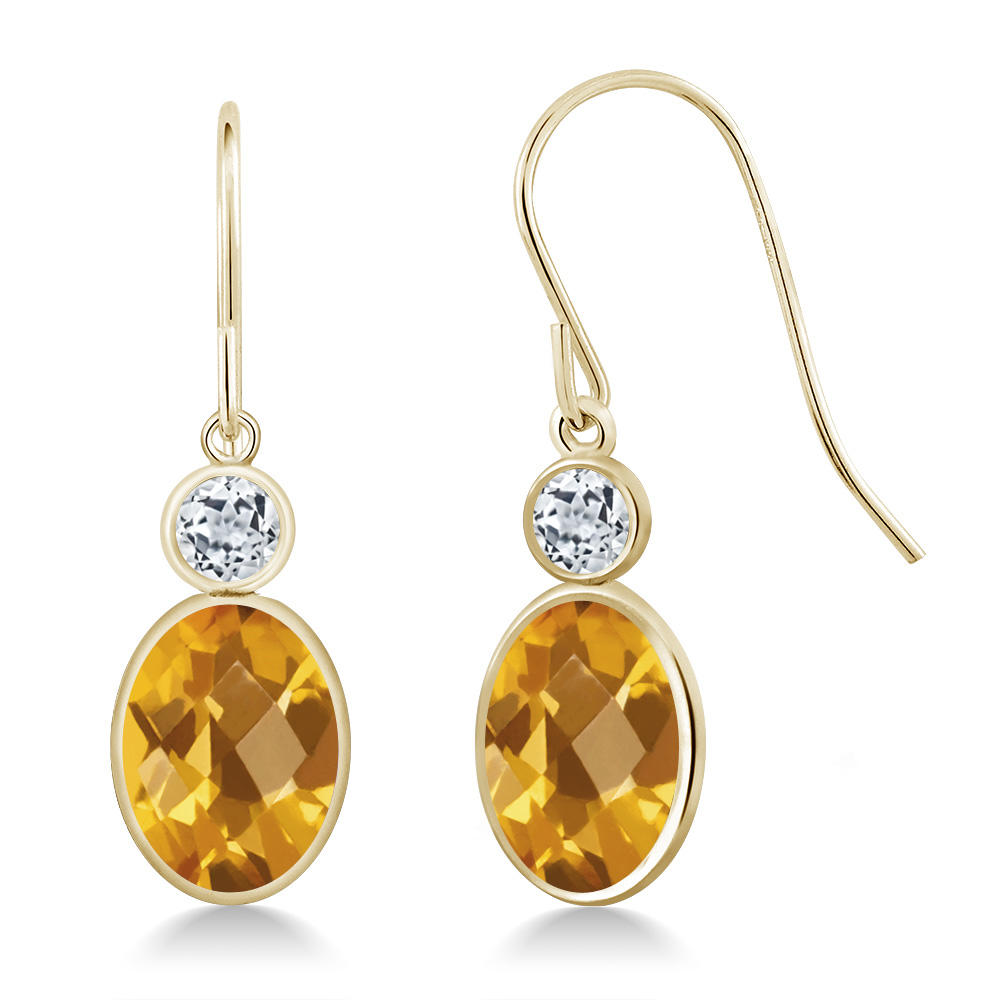 Gem Stone King 2.78 Ct Oval Checkerboard Yellow Citrine White Topaz 14K Yellow Gold Hook French Fish Ear Wire Dangle Earrings