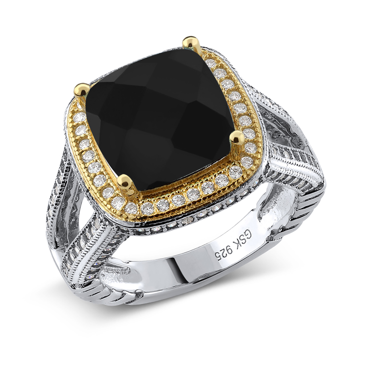Gem Stone King 925 Two-Tone Sterling Silver 5.66 Ct Cushion Checkerboard Black Onyx Halo Ring