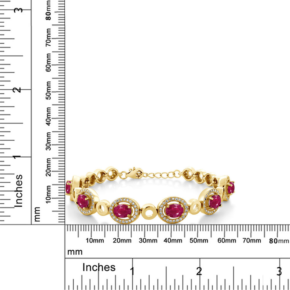 Gem Stone King 18K Yellow Gold Plated Silver Red Ruby Tennis Bracelet For Women (7.92 Cttw, Oval 7X5MM, 7 Inch with 1 Inch Extender)