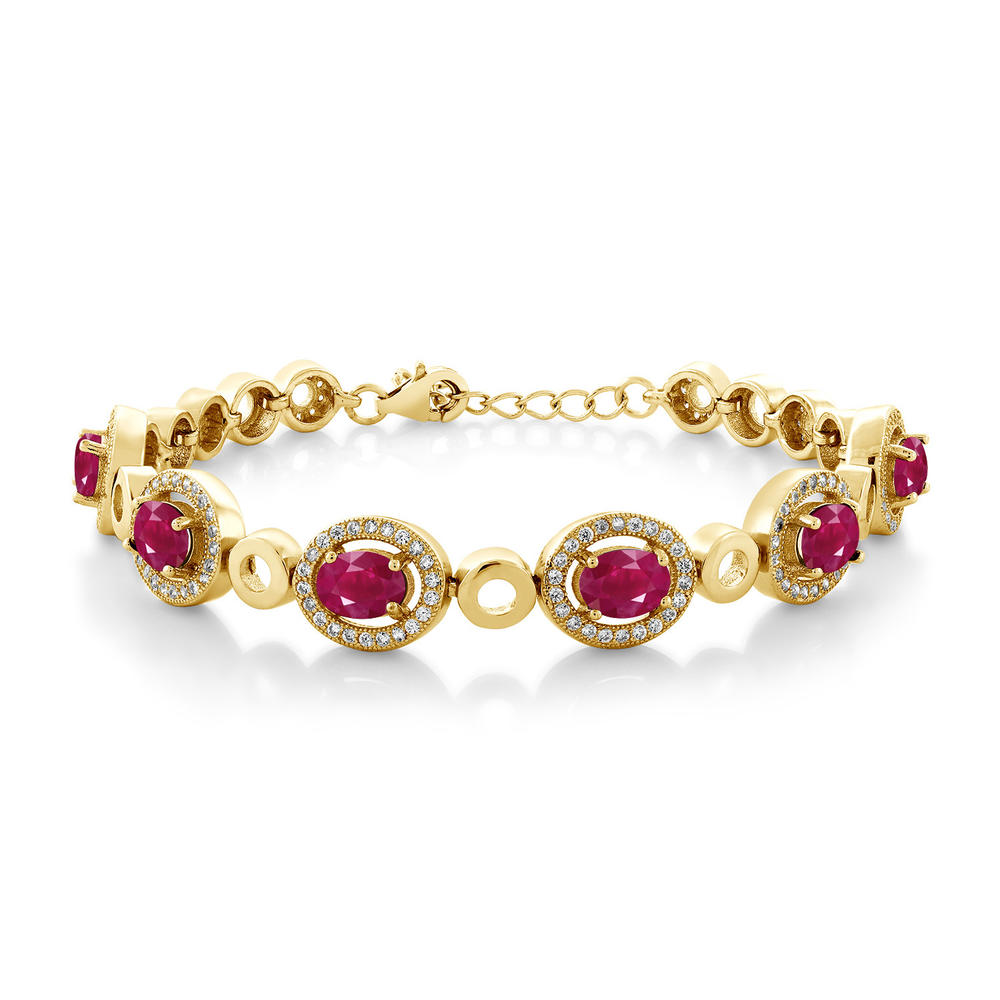 Gem Stone King 18K Yellow Gold Plated Silver Red Ruby Tennis Bracelet For Women (7.92 Cttw, Oval 7X5MM, 7 Inch with 1 Inch Extender)